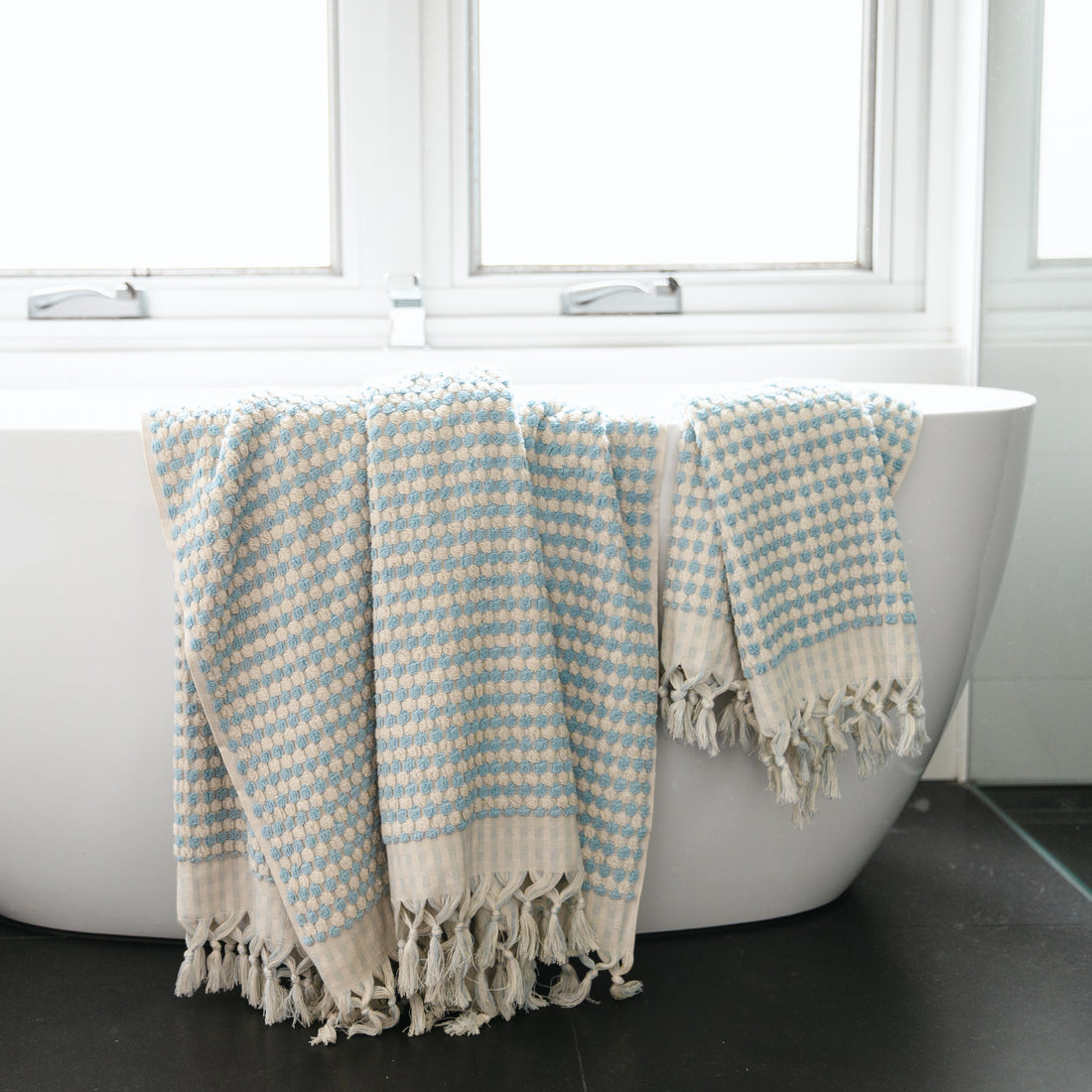 THIRSTY TOWEL CO. Pale Blue Pom Pom Turkish Cotton Bath Sheet Towel