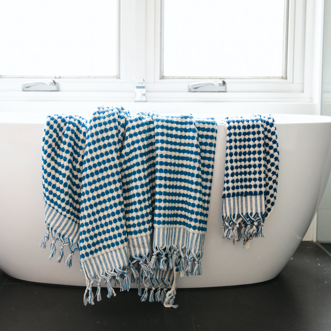 THIRSTY TOWEL CO. Limited Edition Indigo and White Pom Pom Turkish Bath Sheet Towel 100% Cotton