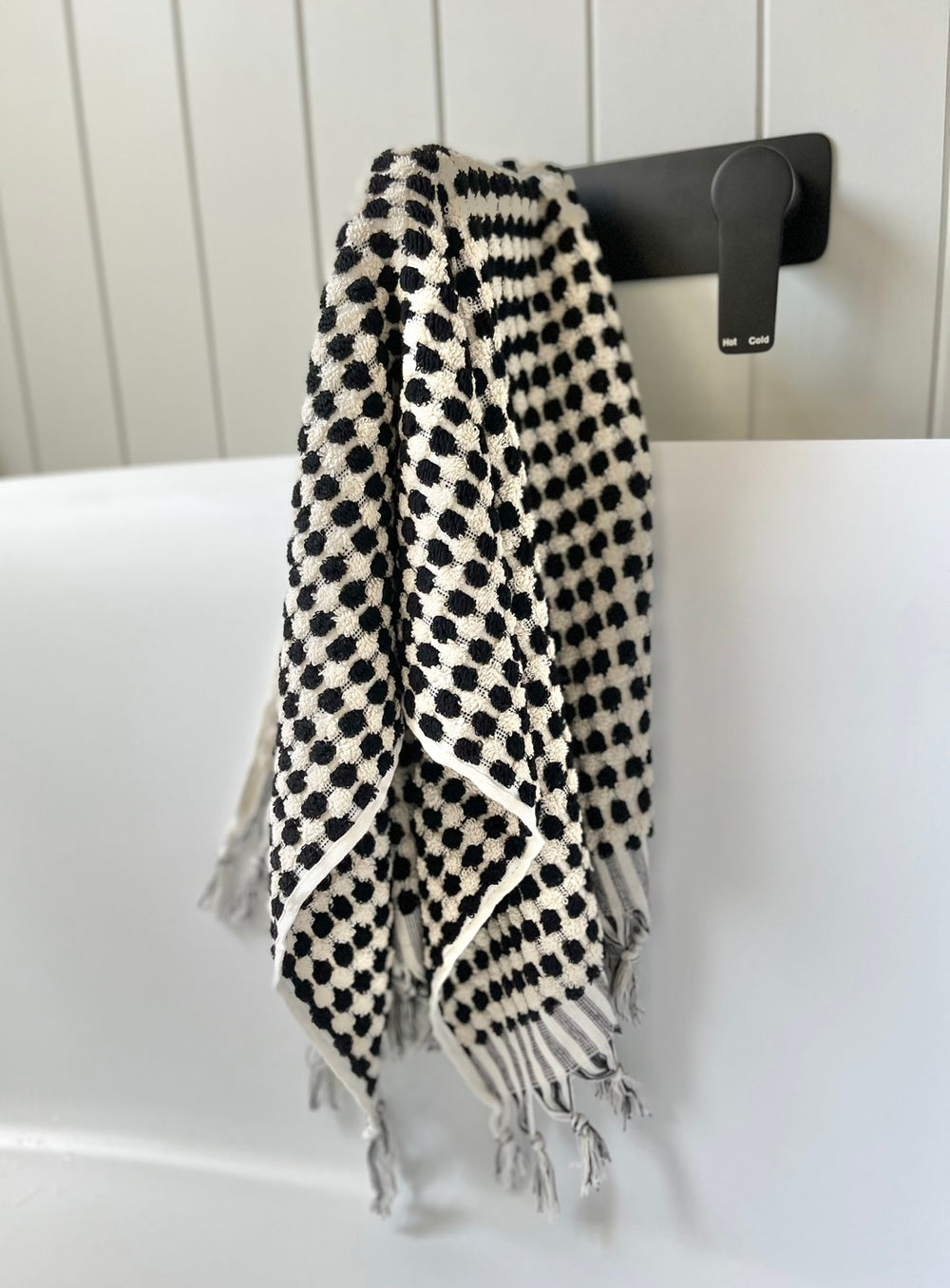 Black & White Turkish Pom Pom Hand Towel