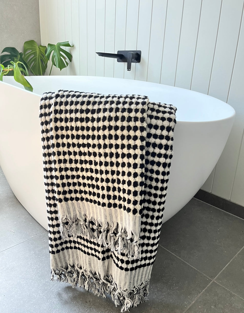 Black & White Turkish Pom Pom Hand Towel